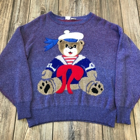 Vintage Sweaters - VTG she whispers purple sailor teddy bear sweater
